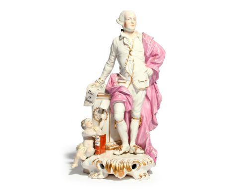 A large Derby figure of John Wilkes c.1765-70, standing and resting one hand on a square plinth, atop of which rests a scroll