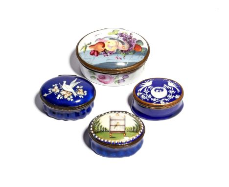 Three enamel patch boxes and a snuff box  c.1760-80, the oval forms variously decorated with birds on blue bases, the snuff b