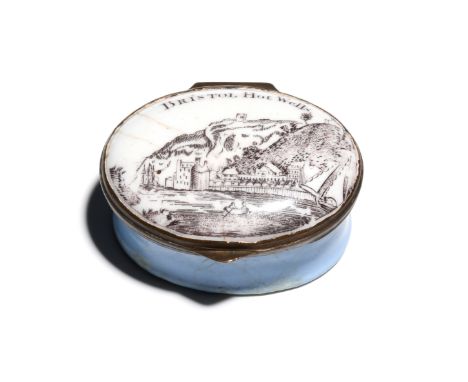An enamel patch box  c.1770, printed in black with a view of Hotwells Bristol, the base coloured blue, 4.2cm across. Provenan