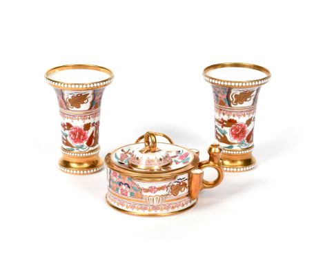 A pair of Spode spill vases and an inkwell  c.1800-10, the flared spills with bands of white beading, the inkwell of drum sha