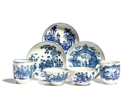 A group of Worcester blue and white teawares  c.1775-80, decorated with Chinese figures, including a trio printed with the Th
