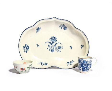 A Worcester blue and white dish  c.1765, the kidney shape printed with the Gilliflower pattern, hatched crescent mark, a coff