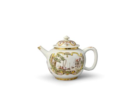 A Meissen hausmaler teapot and cover  c.1725, painted probably in a Bayreuth atelier with figures loading and unloading boats