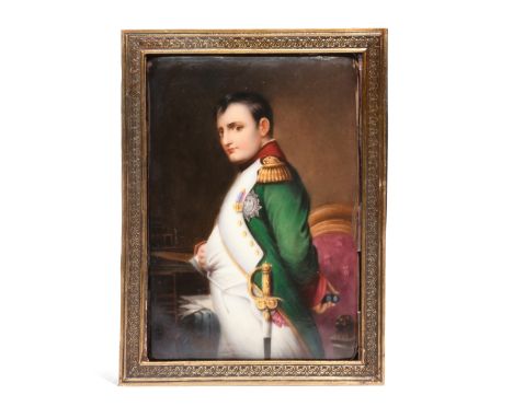 A German porcelain plaque 19th century, painted with a portrait of Napoleon Bonaparte after Paul Delaroche, dressed in milita