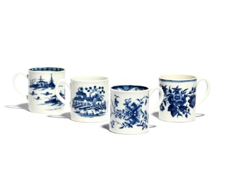 Four Worcester blue and white small mugs or coffee cans  c.1760-70, one painted with the Mansfield pattern, another in the Ca