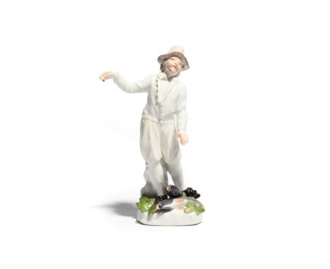 A Meissen figure of a Dutch fisherman  mid 18th century, modelled by Peter Reinicke, standing with his right arm outstretched