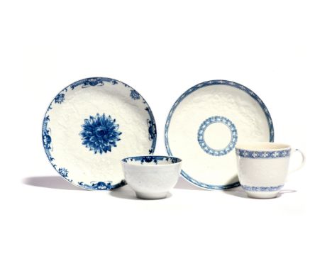 A Worcester blue and white teabowl and saucer and a cup and saucer c.1765-70, the teabowl and saucer painted with the Chrysan