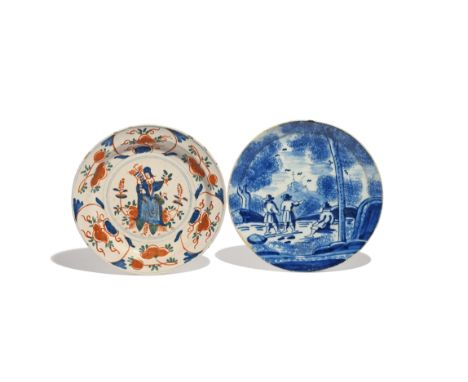 Two delftware plates  c.1720-30, one London or Bristol and painted in blue, green and red with Ceres seated among flowering p