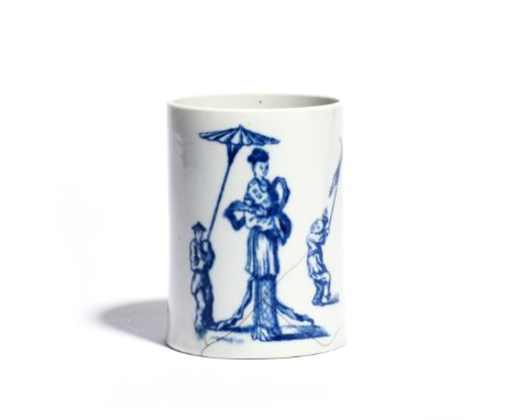 A very rare Worcester blue and white mug  c.1760-65, the slightly tapering form printed with la Dame Chinoise design, an atte