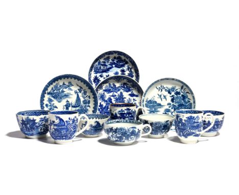 A group of Worcester blue and white teawares  c.1765-80, including a matched trio in the Fisherman pattern, a teabowl and sau