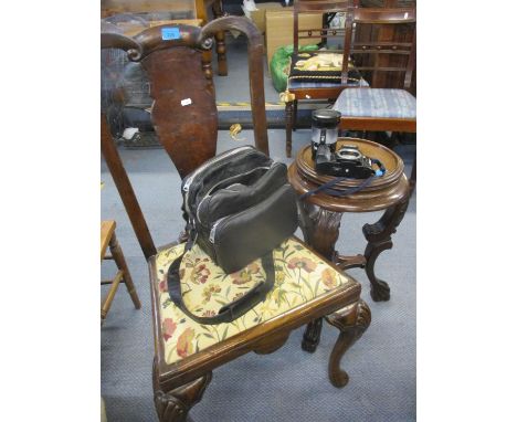 A Minolta 7000 camera and accessories, together with a mahogany chair with modern tapestry seat and a small  stand Location: 