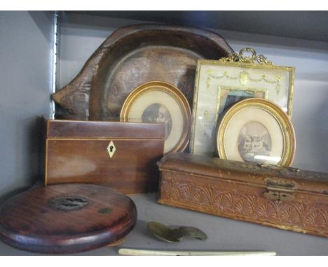 A late 19th/early 20th century leather glove box with gold coloured handle and lock, a bronzed Edwardian photo frame, two ova