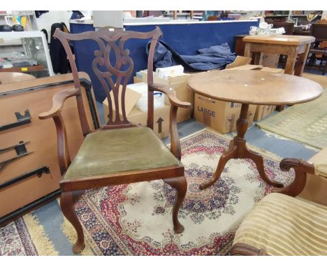 A 19th century mahogany circular occasional table, together with a Chippendale style open elbow armchair Location: 