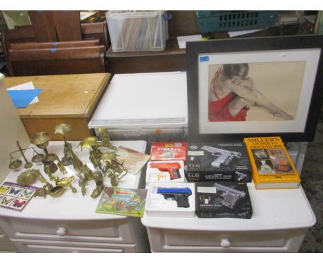 Mixed items to include brassware, albums of tea card and a print along with three BB soft fire air pistolsLocation: G 