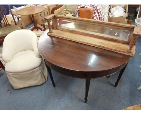 Mixed furniture to include a mirror backed wall shelf, one half of a mahogany D-end dining table and a modern bedroom chair 