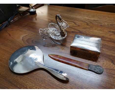 A silver mounted crystal swan together with a silver box with engine turned design, a silver dressing table mirror and a silv