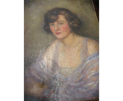 C Y Sargeaut - a portrait of a lady in a pale blue shawl, 50 x 66cm, oil on canvas signed lower right hand corner, unframedLo