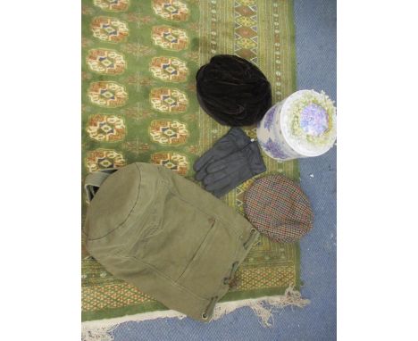 A Barbour tweed flat cap, a pair of gents leather gloves, a wedding tiara, a Sandra Phillips brown velveteen hat, and a vinta