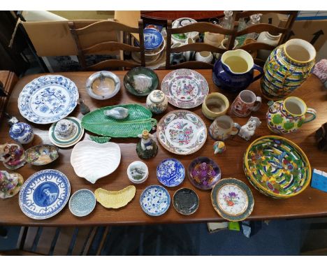 Mixed ceramics to include two Chinese plates, a majolica candle stick, studio pottery, Italian pottery etc, Location: 11:2 