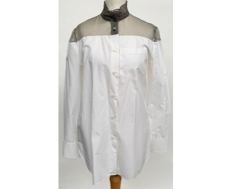 A Prada Milano white cotton shirt with sheer grey chiffon yoke, pleated flouncy collar, size EU 38