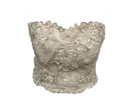 A Spaghetti of London cream lace silk bustier top, with floral couched embroidery design, hook and eye closures, bust approx 
