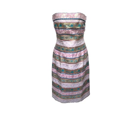 A Collette Dinnigan Australia strapless brocade dress, with folded top, under knee length, size M, and an Alma Couture dress,
