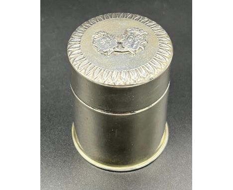 Vintage Italian 800 grade silver preserve pot with lid detailing coat of arms. [5.5cm high]
