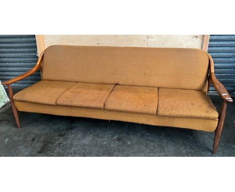 Stylish Mid-Century Greaves &amp; Thomas put-u-up davenport four seat sofa, the wooden frame surrounding material upholstered