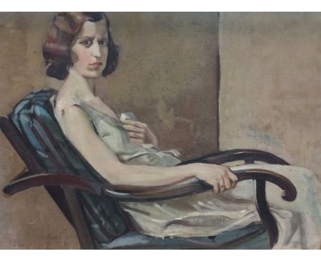 Oil on canvas depicting portrait of a women in a lounge chair. On the reverse side is a life painting of a nude women.Indisti