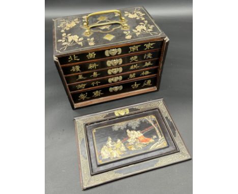 Antique Chinese Mahjong game fitted within an ornate carry case, each panel depicting various figural scenes. Token are made 