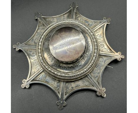 A Large Glasgow silver plaid brooch. Designed with a large clear ball/ sphere to the centre, engraved round the sphere 'The H