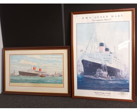 Framed print 'R.M.S Queen Mary' New York Harbour 1936 [97x67cm]Along with a limited edition print of a ship [55x88cm] 
