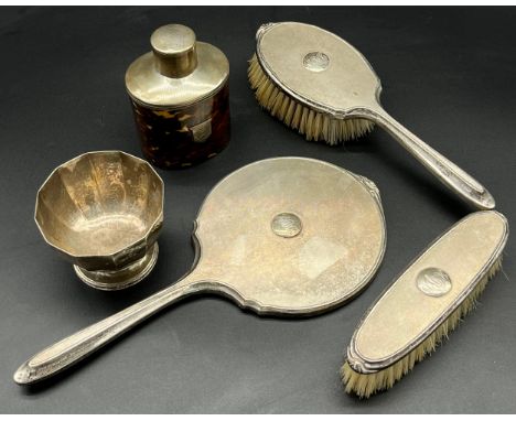 A Selection of silver hallmarked items to include Chester silver and tortoise shell tea caddy, London silver dish and Birming