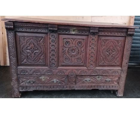 17th century oak trunk, the lift-up top opening to interior storage, the peripheral highly carved, raised on square block leg