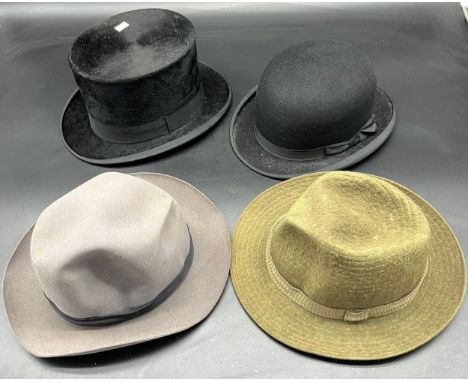 A Lot of antique and vintage hats to include top hat by Superior Finish, Bowler hat by Moores London, Linney London hat and A