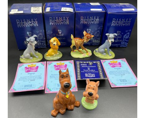 A Lot of 6 porcelain collectors figures, Includes Royal Doulton Disney Showcase Bambi, Tramp x2 and lady, Together with wade 