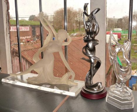 Art Deco-style resin dancing lady figure on perspex base, a similar RCR glass of Italy figurine and another