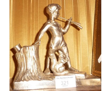 Art Deco chromed desk lighter of a figure of Peter Pan on plinth with rabbit