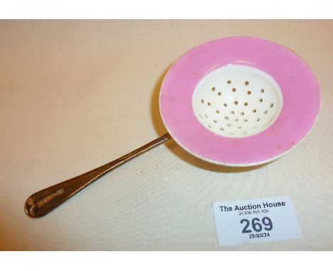 Rare Minton's tea strainer with plated handle marked as by William Hutton &amp; Sons Britannia Plate (Pink Cockatrice pattern