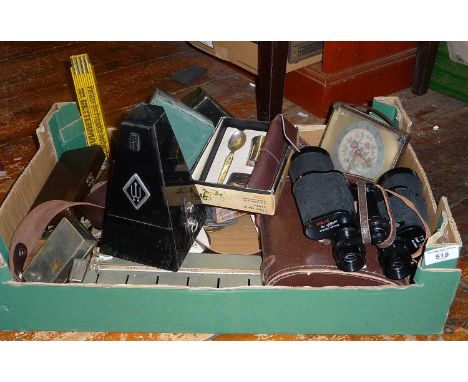 Box of interesting items, inc. Victorian leather jewellery boxes, metronome, binoculars etc.