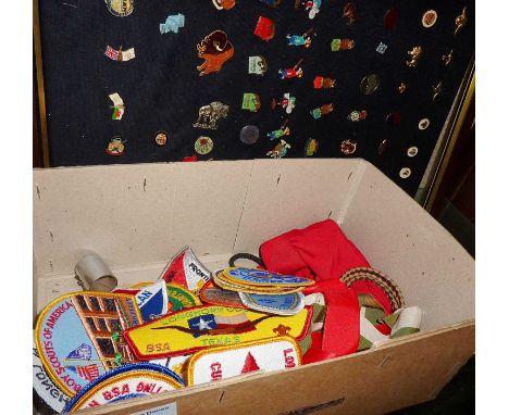 Box of cloth Longhorn Council and Scouting badges, together with enamel badges, inc. RAOB and PGL