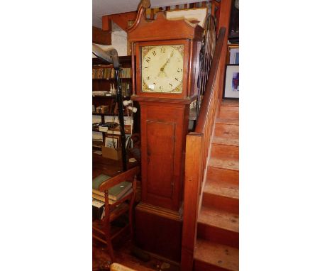 Oak 30 hour grandfather clock with swan neck pediments, hand painted dial, and pendulum and weight
