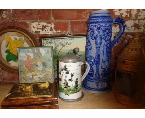 Large Westphalia beer stein, another (A/F), Shepherds' lantern, Margaret Tarrant print of bunnies tea party etc