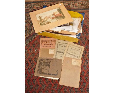 Collection of assorted paper ephemera and school sketch books of Ernest Beaton of Nether Compton and a watercolour of East Mi