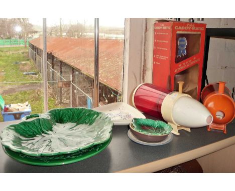 Two Poole Pottery dishes, three greenleaf china plates, and three mid century Caddymatic tea dispensers (one boxed)