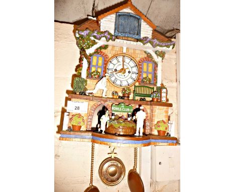 Novelty automaton cuckoo clock "Spirit of Bowls" with moving bowlers from a Bowls Club building