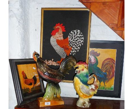 Two ceramic cockerels, one as a jug, in lustre glaze, tallest 36cm (A/F) with three retro cockerel pictures