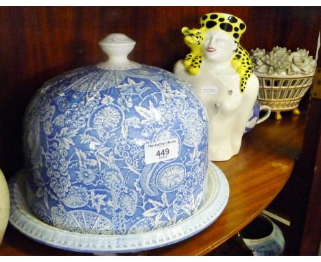 Large Blakeney Provence blue and white cheese dome, Northwood carnival glass dish, Swineside Ceramics retro lady vase, studio