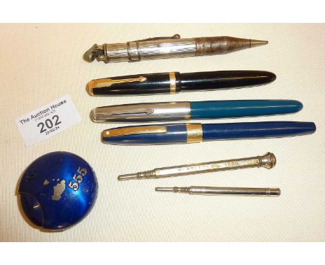 Parker 51, Sheaffer and Parker Duofold pens, together with lighters and propelling pencils. One an Australian design combinat