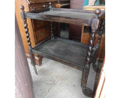 Two tier barley twist tea trolley with small 19th c. wall shelf